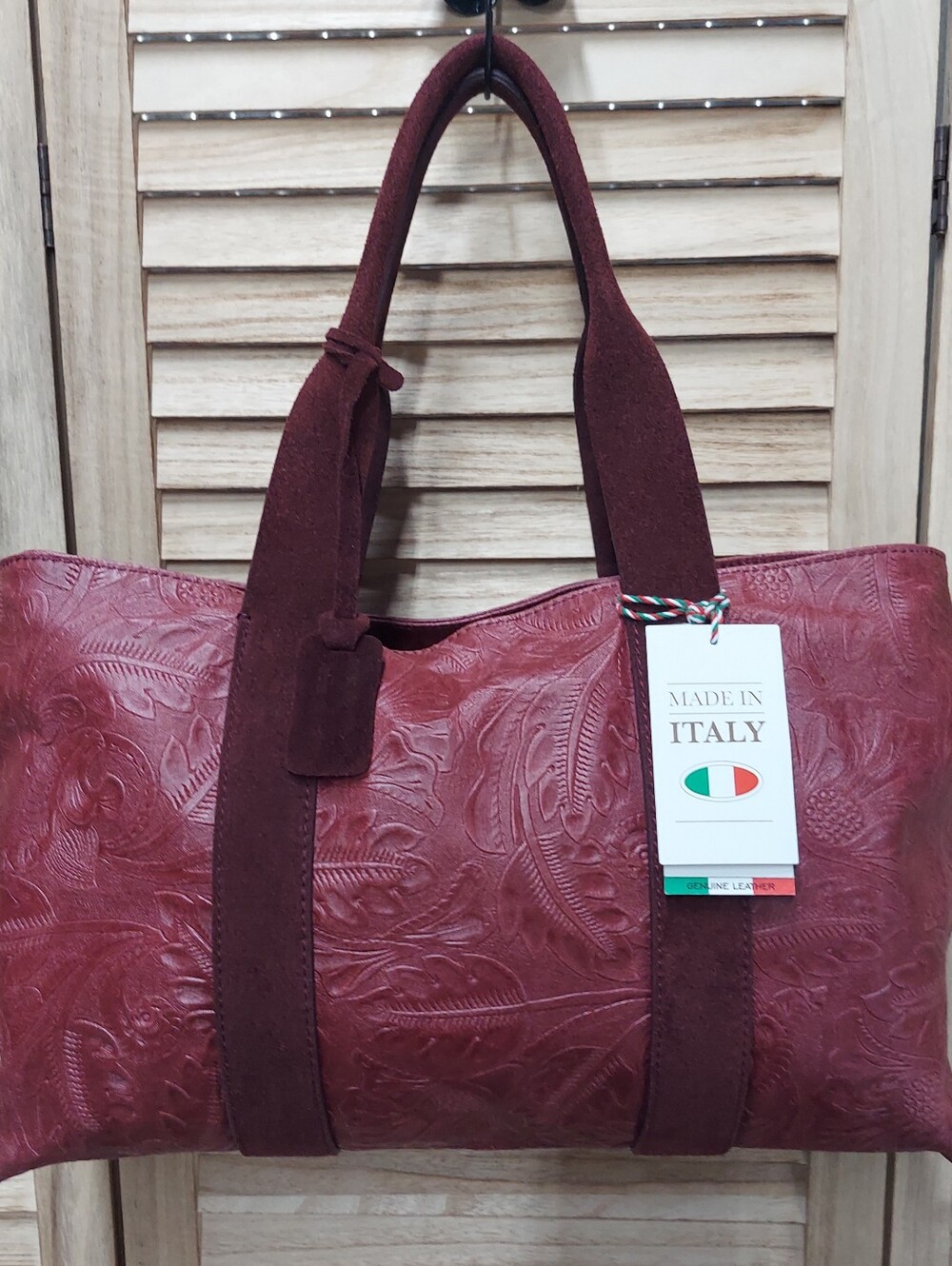 Viola Gigli Italian-Made Burgundy Floral Embossed Leather Tote